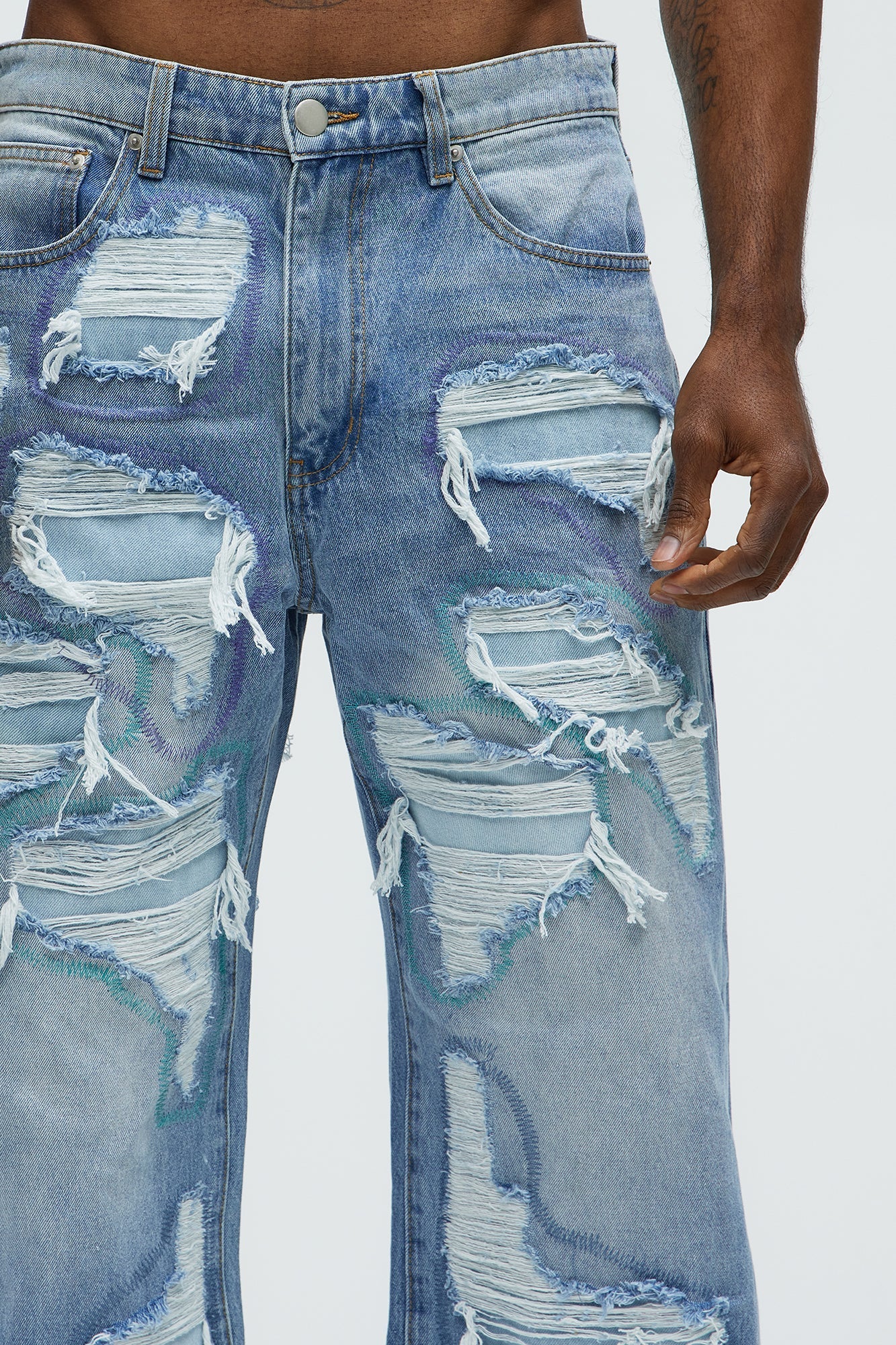 Worn All Over Distressed Baggy Jeans - Light Wash - image 4