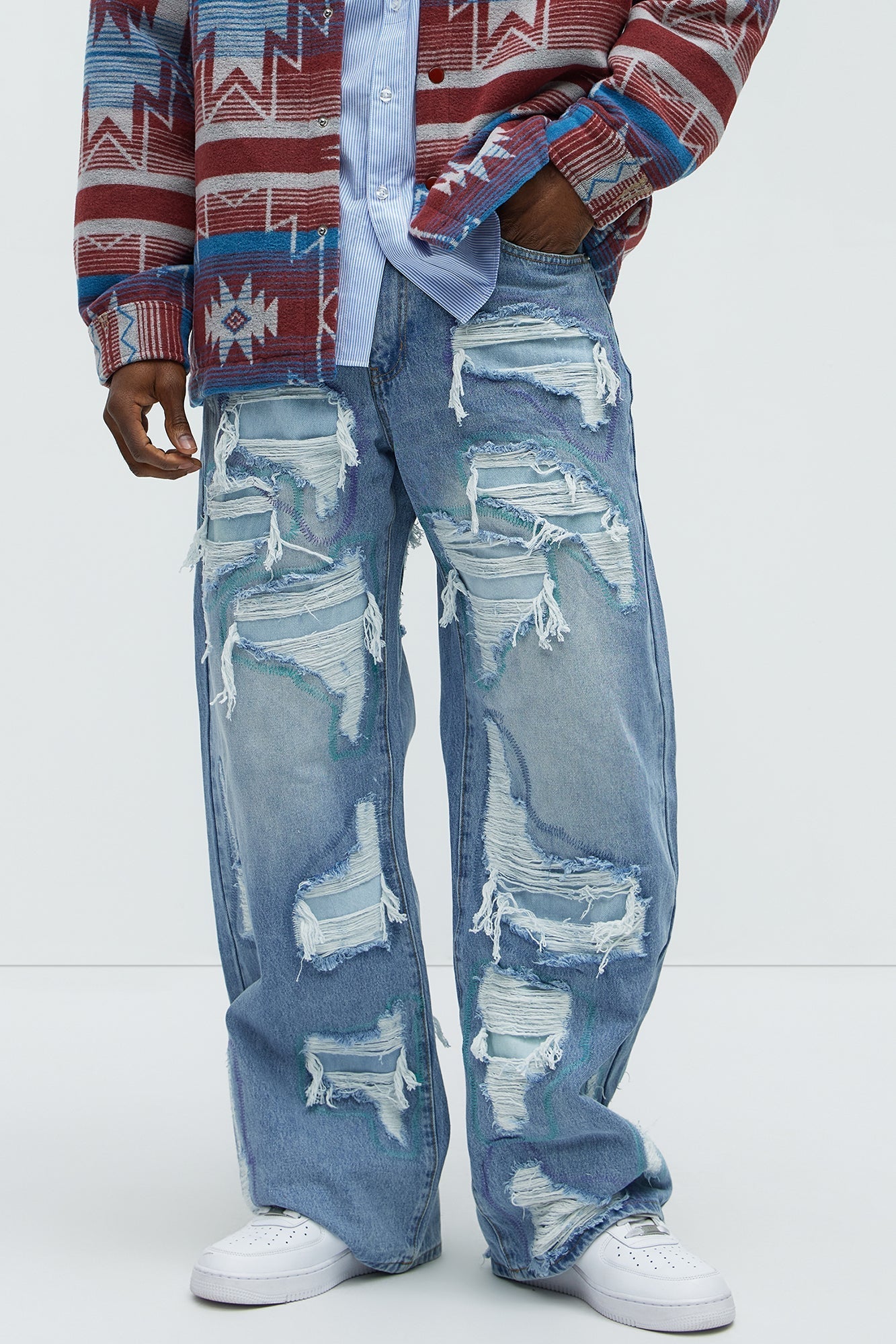 Worn All Over Distressed Baggy Jeans - Light Wash - image 2