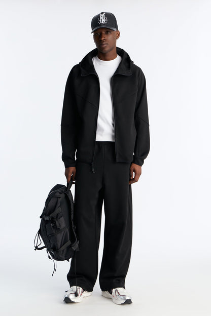 Structured Paneled Fleece Zip Up Hoodie  - Black - image 2
