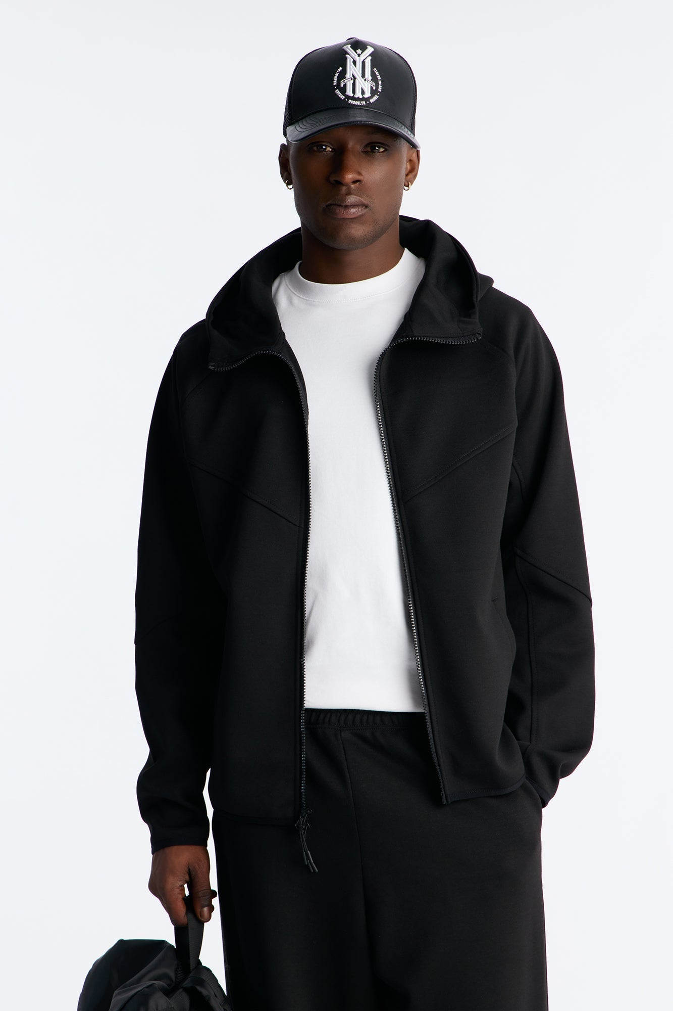 Structured Paneled Fleece Zip Up Hoodie  - Black - image 1