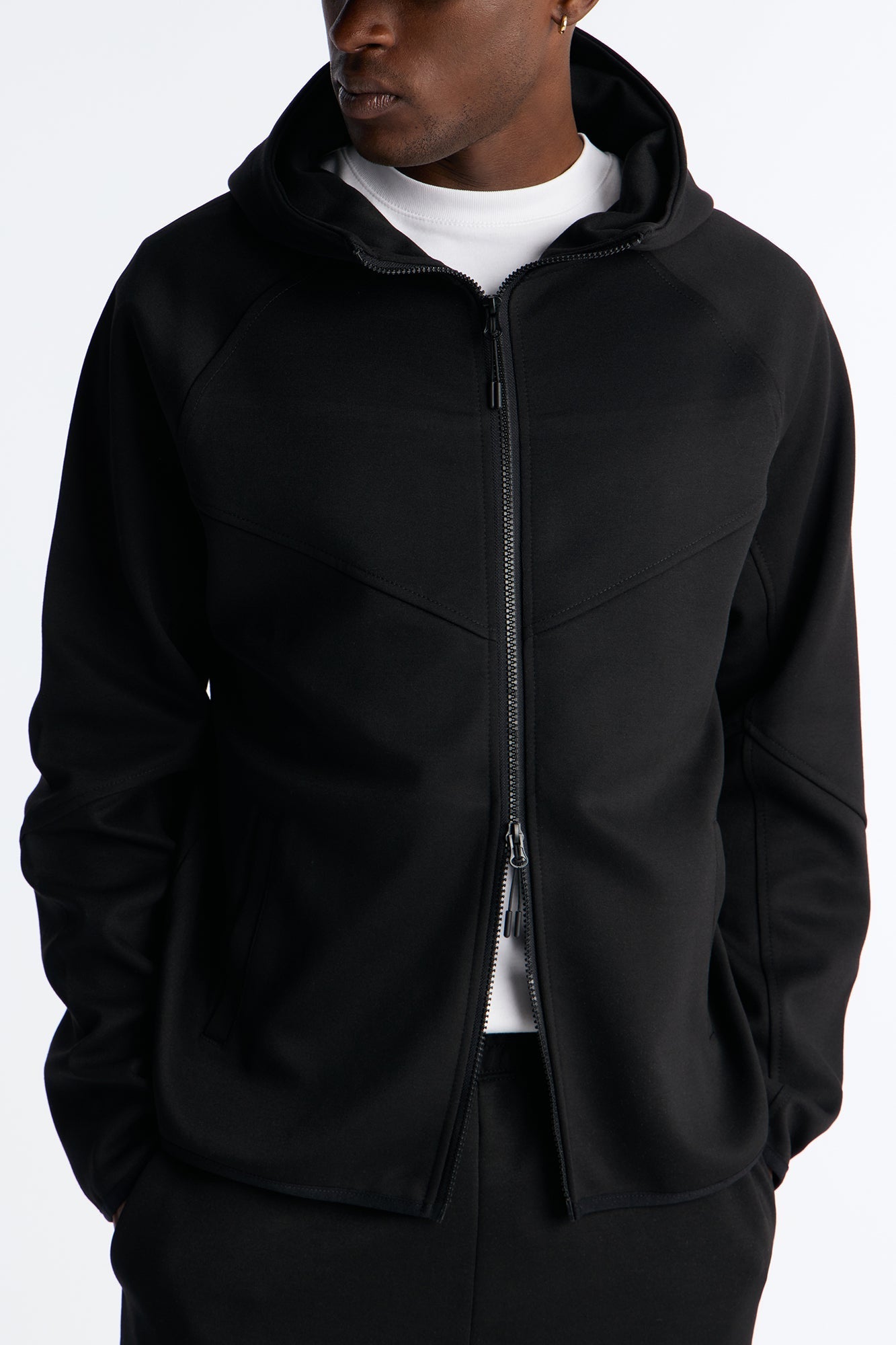 Structured Paneled Fleece Zip Up Hoodie  - Black - image 3