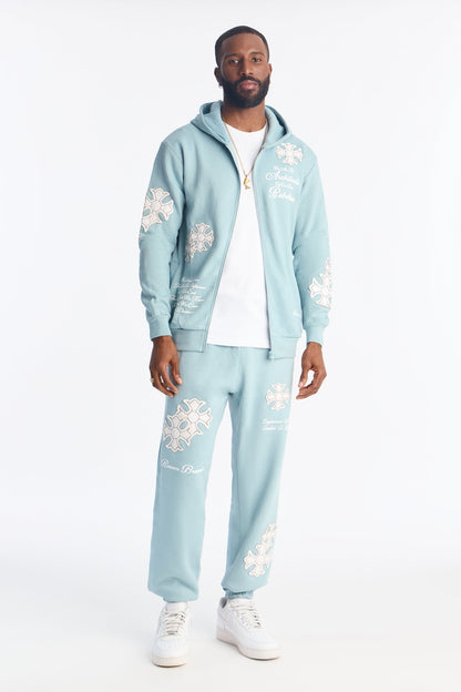 Rebellion Cross Applique Zip Up Hoodie - Light Blue - image 2