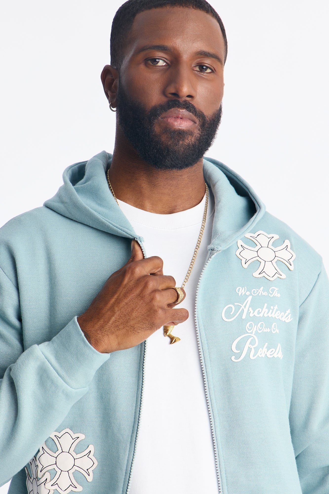 Rebellion Cross Applique Zip Up Hoodie - Light Blue - image 3