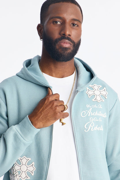 Rebellion Cross Applique Zip Up Hoodie - Light Blue - image 3