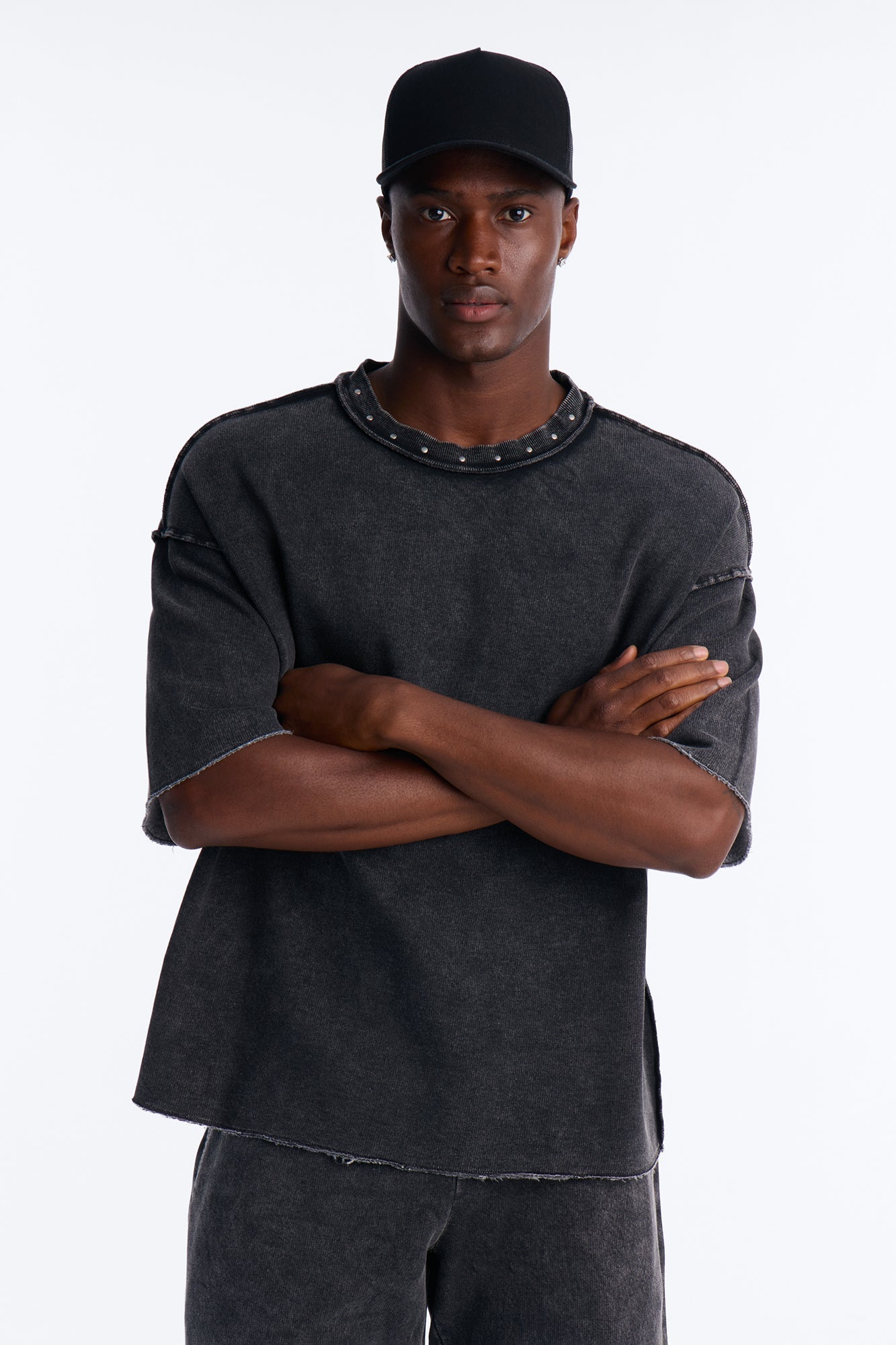 Oversized Punk Washed Raw Edge Studded Fleece Tee - Black - image 1