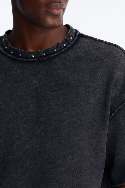 Oversized Punk Washed Raw Edge Studded Fleece Tee - Black - image 3