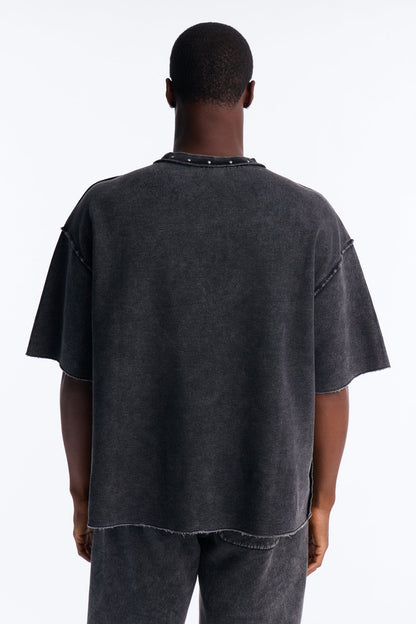 Oversized Punk Washed Raw Edge Studded Fleece Tee - Black - image 4