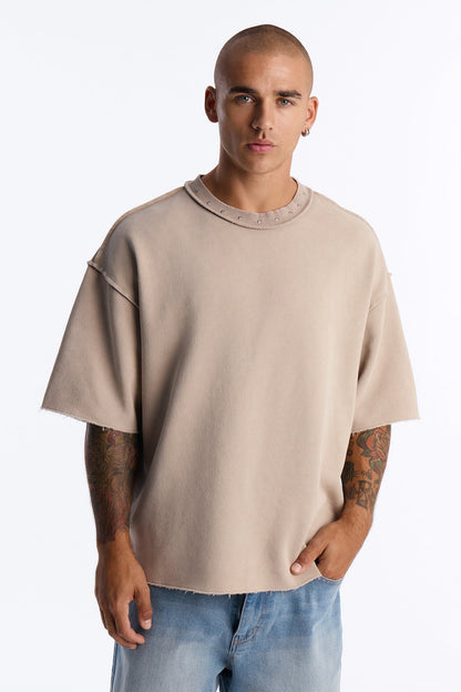 Oversized Punk Washed Raw Edge Studded Fleece Tee - Stone - image 1