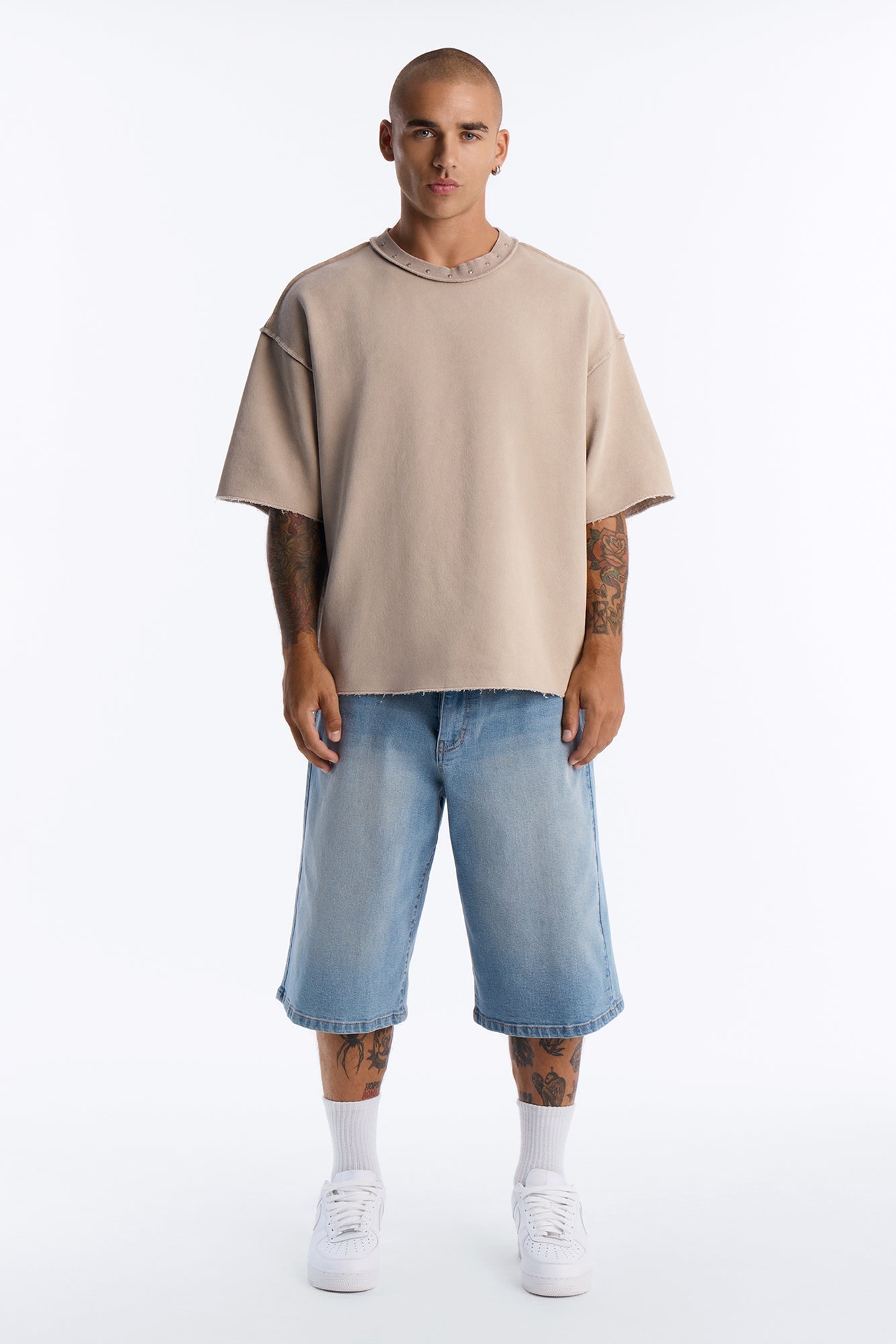 Oversized Punk Washed Raw Edge Studded Fleece Tee - Stone - image 2