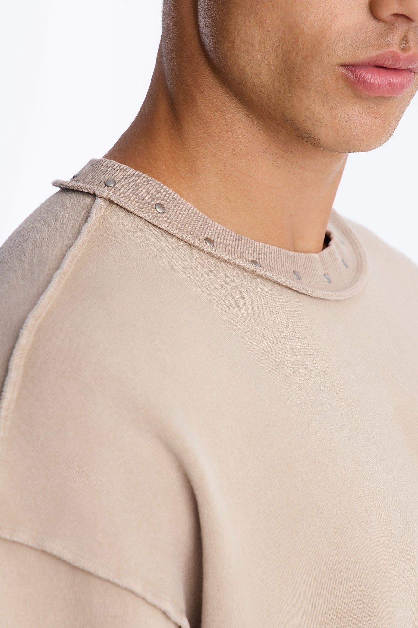 Oversized Punk Washed Raw Edge Studded Fleece Tee - Stone - image 3