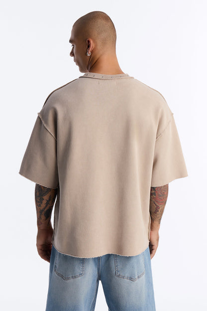 Oversized Punk Washed Raw Edge Studded Fleece Tee - Stone - image 4
