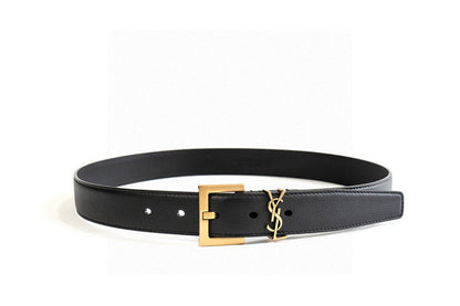 Saint Laurent Cassandre YSL Slim Leather Belt with Gold Square Buckle – Black