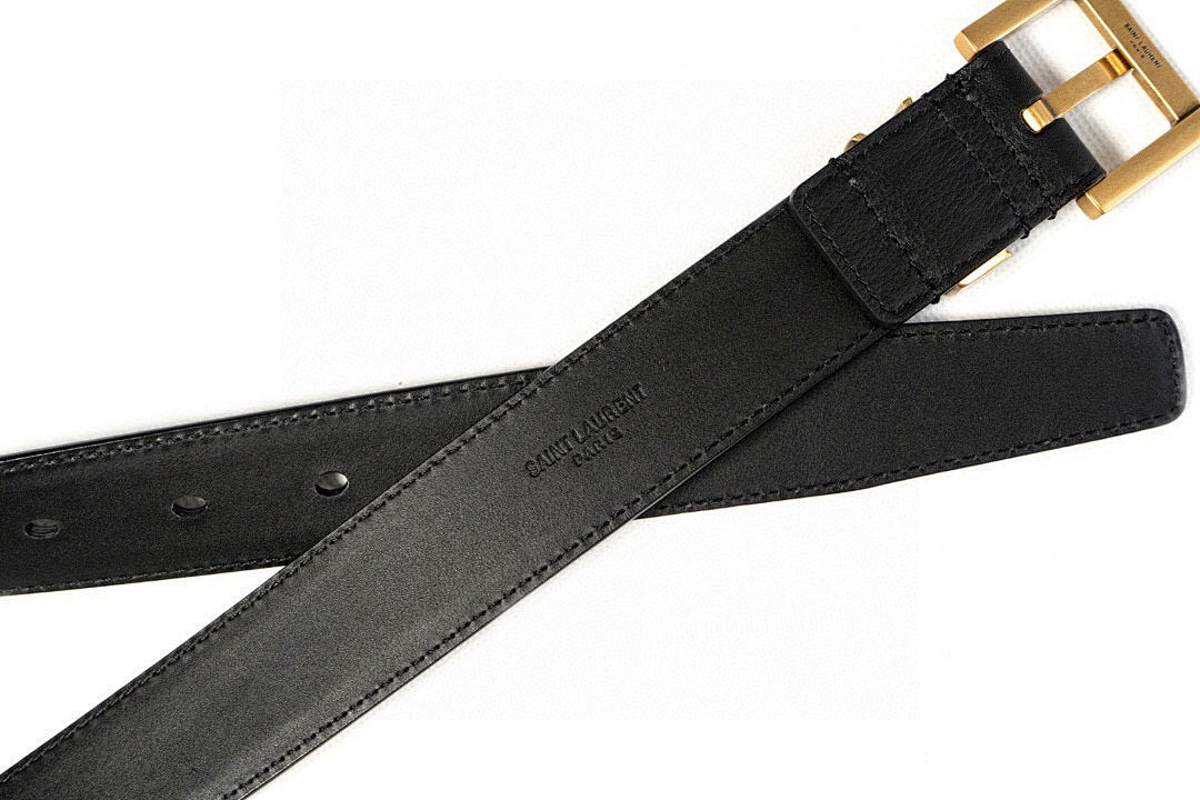 Saint Laurent Cassandre YSL Slim Leather Belt with Gold Square Buckle – Black