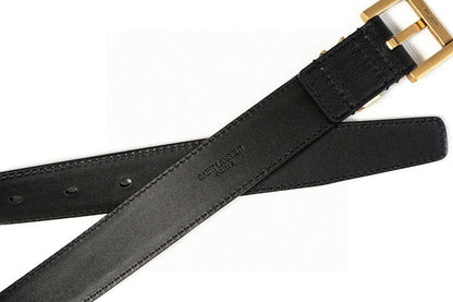 Saint Laurent Cassandre YSL Slim Leather Belt with Gold Square Buckle – Black