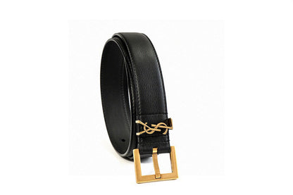 Saint Laurent Cassandre YSL Slim Leather Belt with Gold Square Buckle – Black