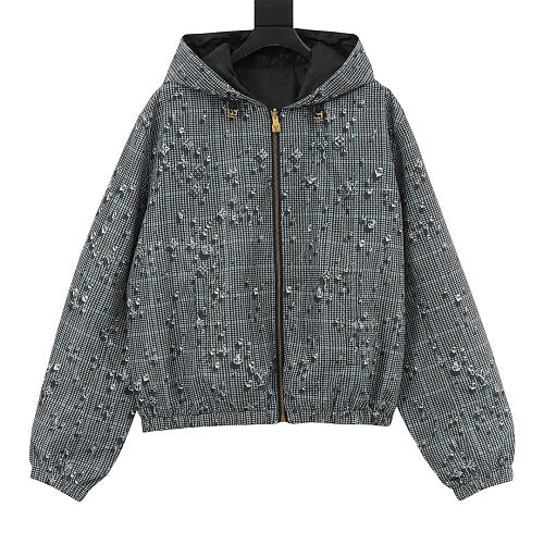 Louis Vuitton Crystal Embellished Houndstooth Zip-Up Hooded Jacket