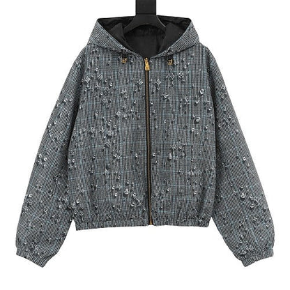 Louis Vuitton Crystal Embellished Houndstooth Zip-Up Hooded Jacket