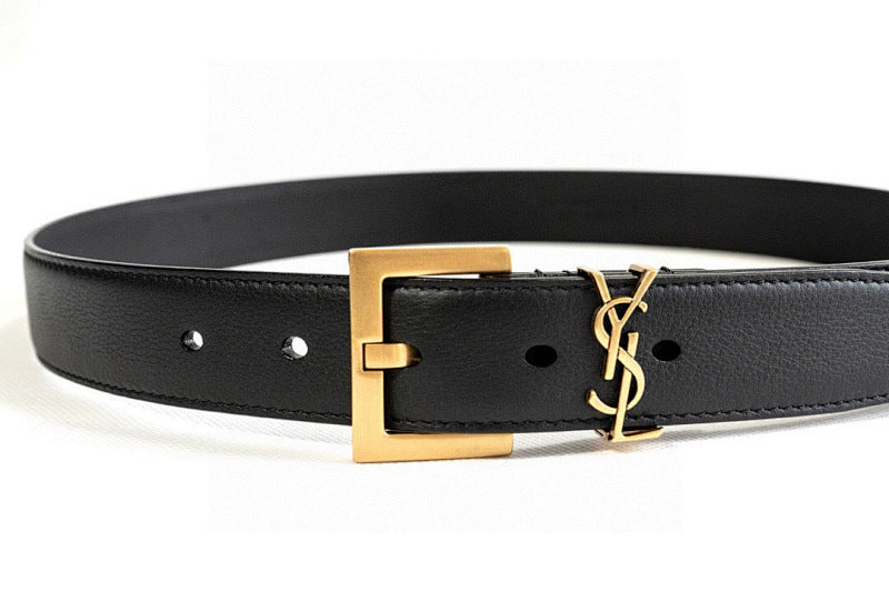 Saint Laurent Cassandre YSL Slim Leather Belt with Gold Square Buckle – Black