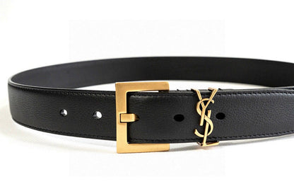 Saint Laurent Cassandre YSL Slim Leather Belt with Gold Square Buckle – Black